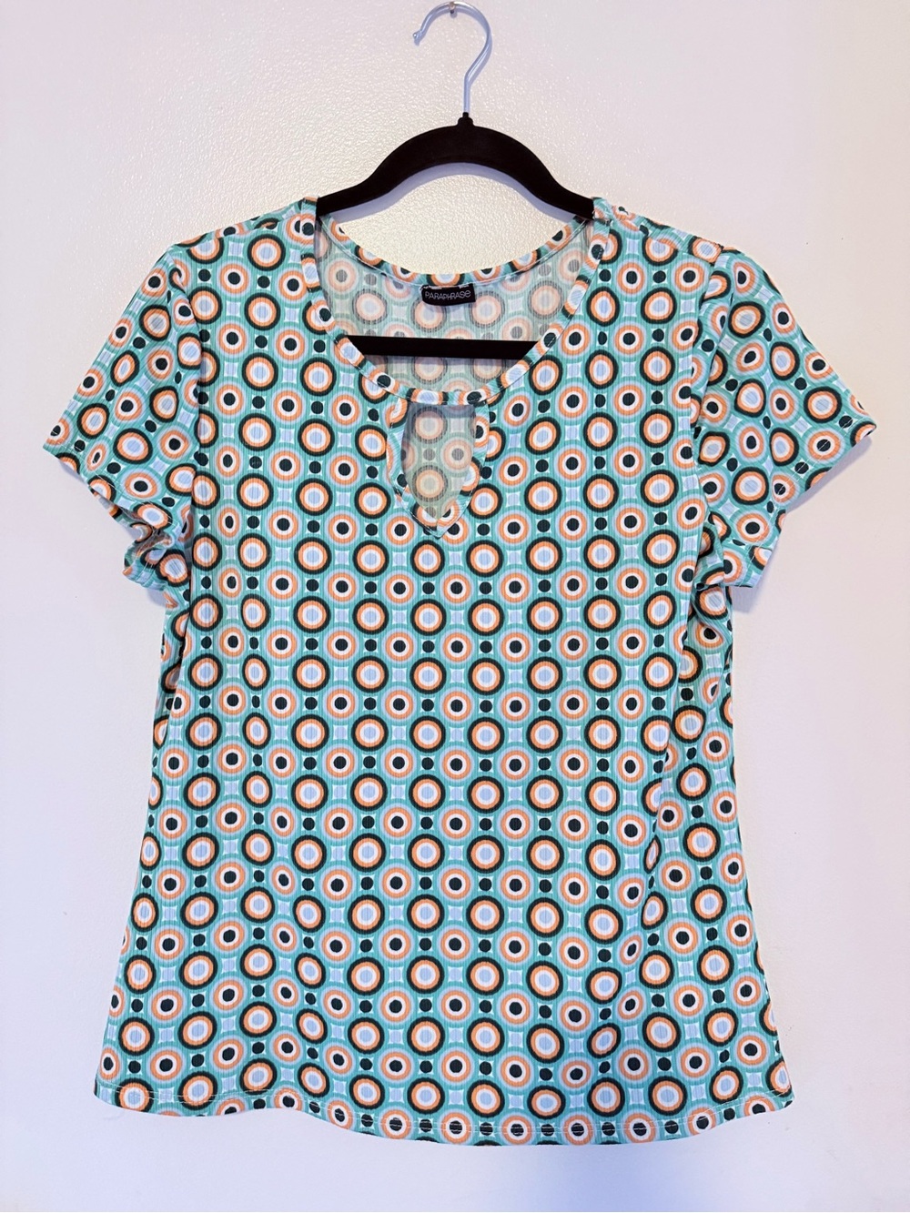 Paraphrase Aqua and White Geometric Short Sleeve Top